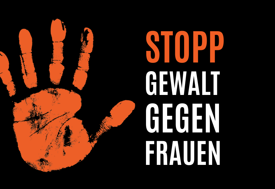 Logo der Aktion Stopp Gewalt gegen Frauen mit diesem Schriftzug und einerm Handabdruck